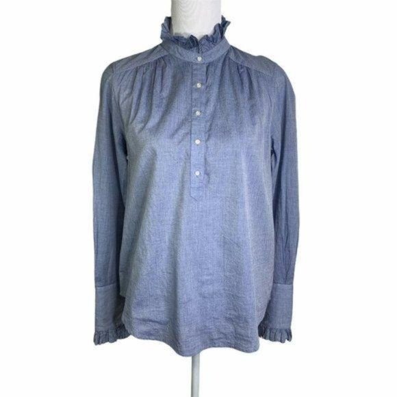 Joie Blue Melange Ruffle Mock Neck Long Sleeve Top - Picture 1 of 12